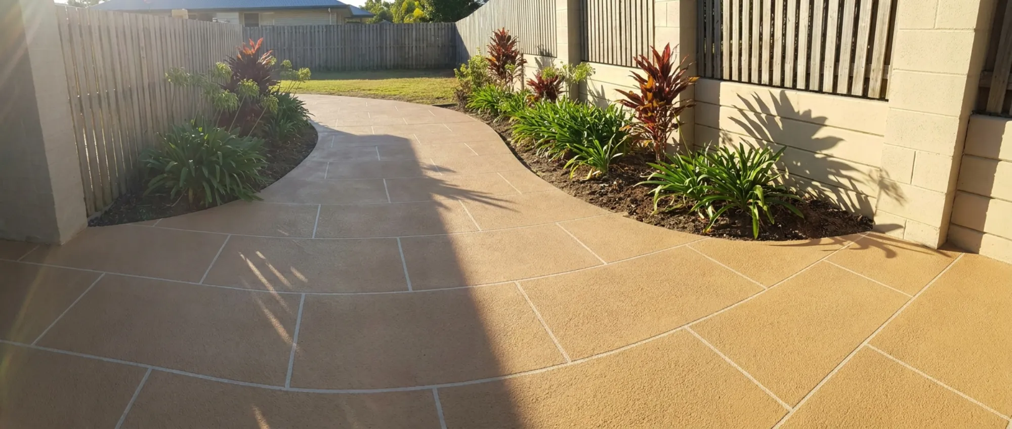Sandstone-tan decorative concrete garden path cut in a running ashlar block pattern with pale grout lines