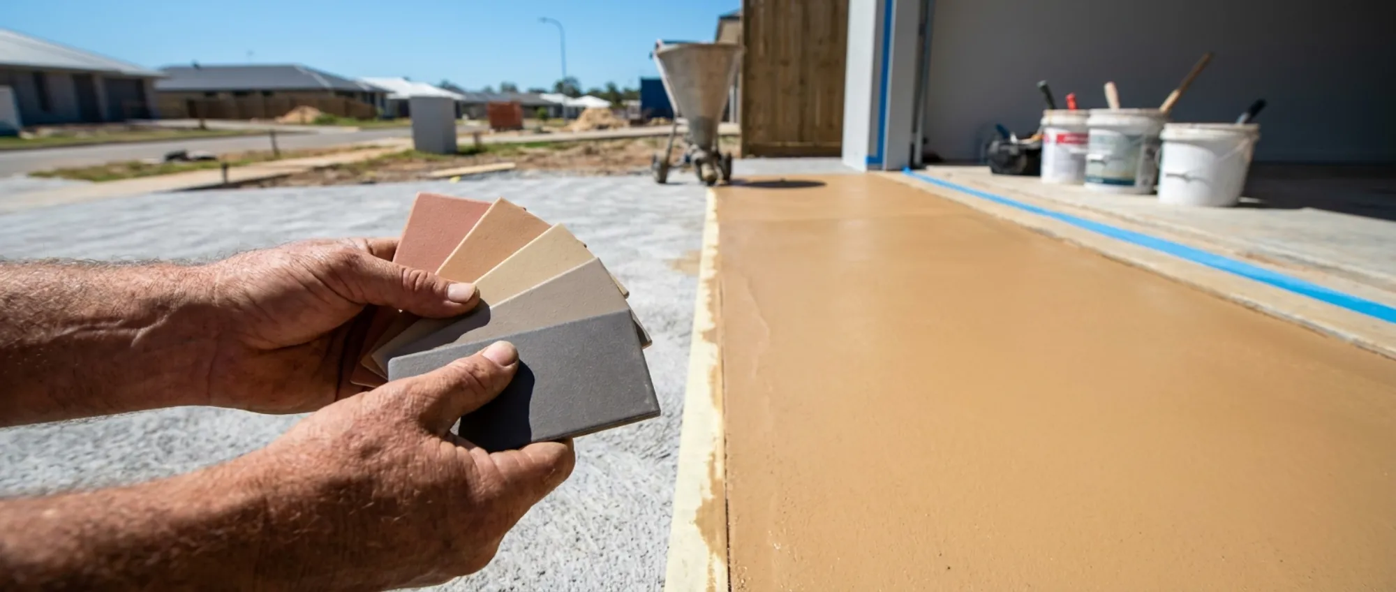 Concrete colour sample chips in terracotta, tan, sand and charcoal held over a half-prepared driveway slab