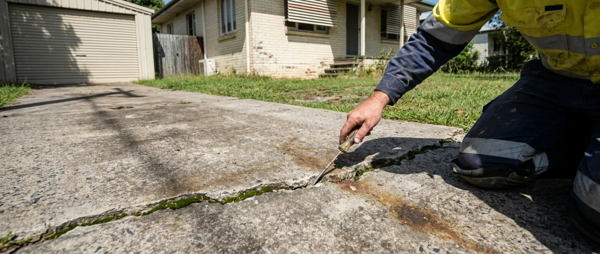 Concreter crouched at the edge of an old driveway, tapping a crack to check the slab for drummy concrete