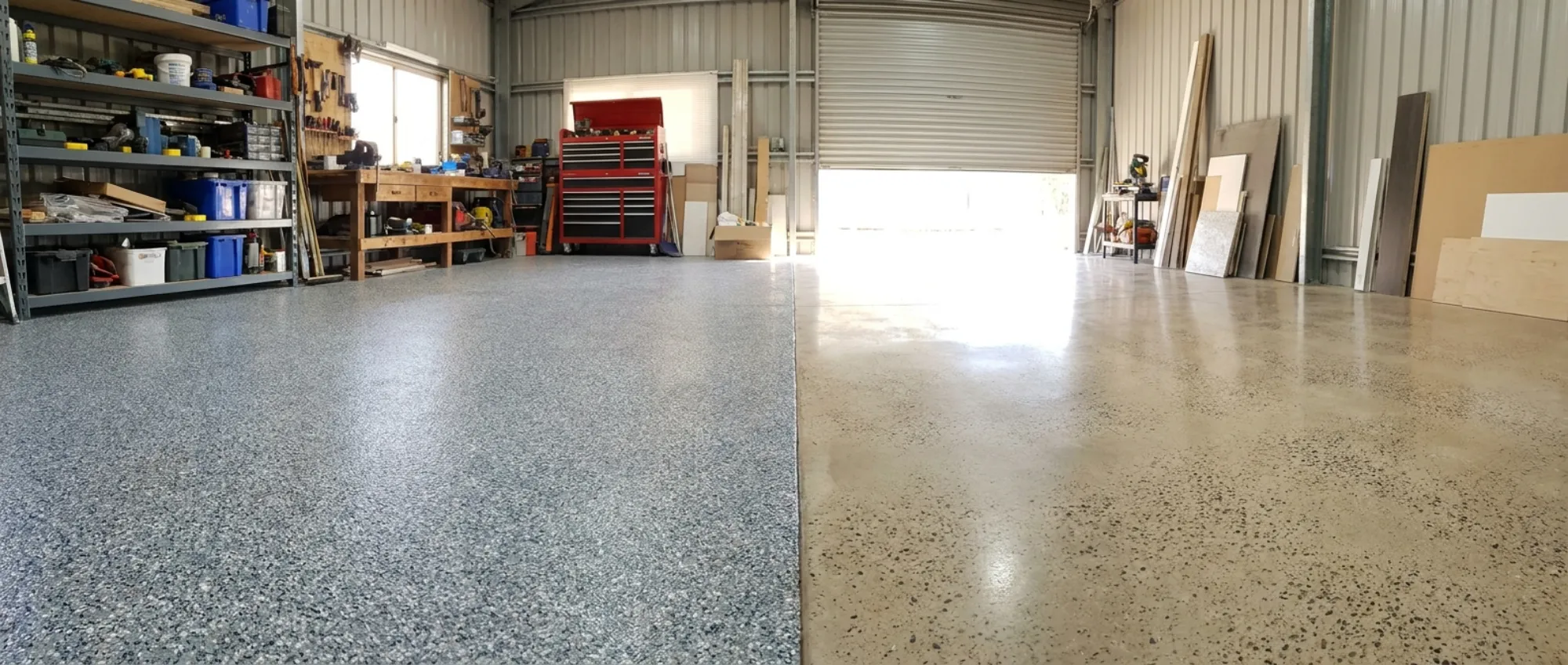 Shed floor finished half in grey epoxy flake coating and half in ground and polished concrete