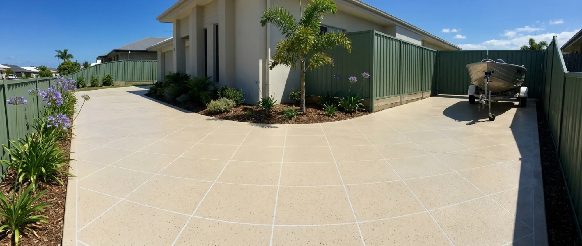 Wide Moreton Bay driveway resurfaced in a pale sand-coloured overlay with a square tile grid and white grout