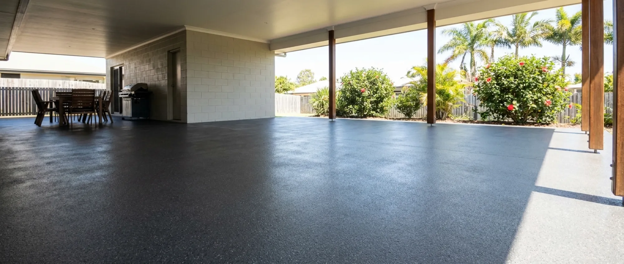Covered outdoor entertaining area resurfaced in a charcoal-grey seamless slate-look decorative concrete overlay