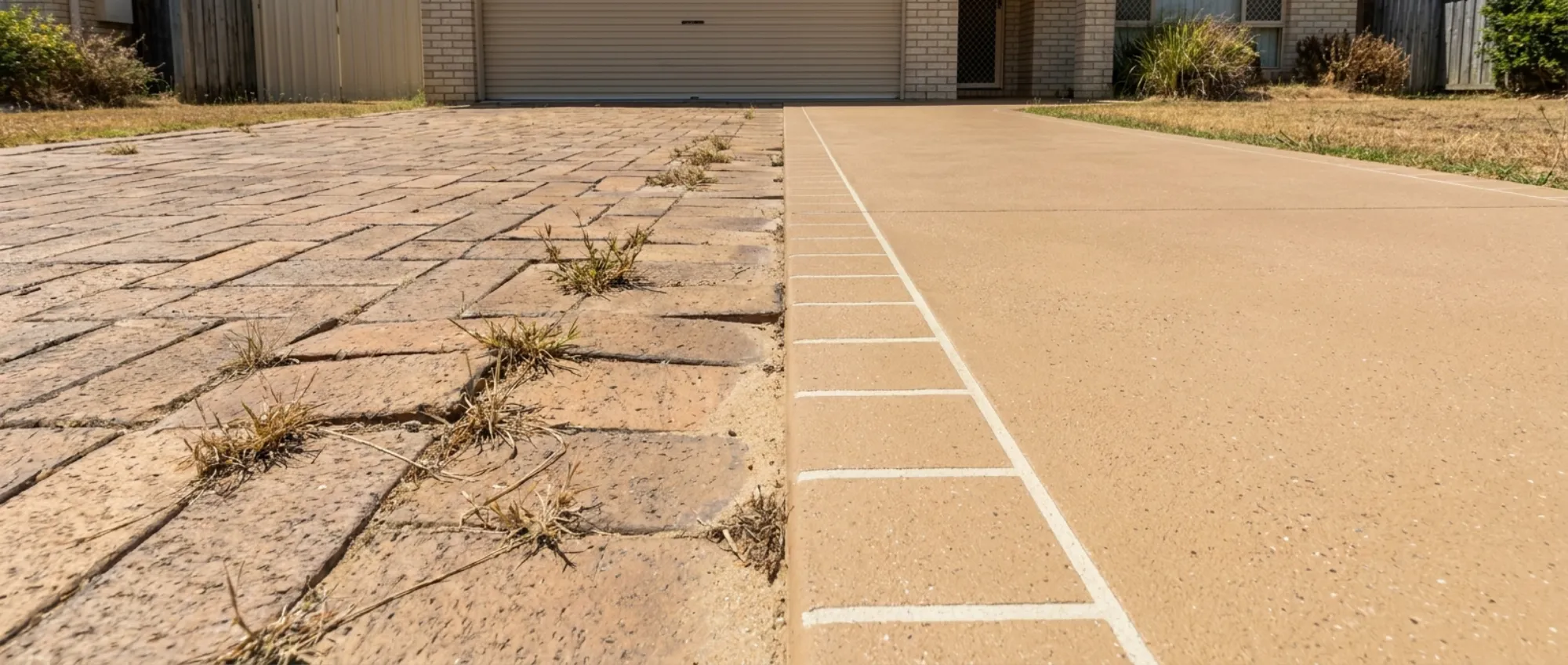 Old sunken clay pavers on one half of a driveway beside a smooth tan decorative concrete overlay on the other