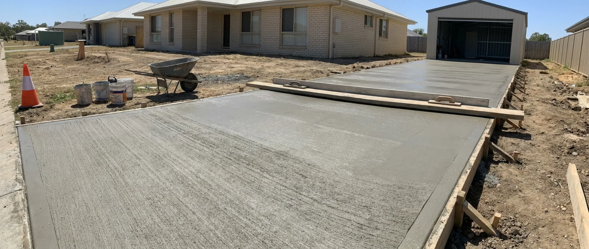Freshly poured plain concrete driveway being broom-finished, with timber formwork and screed still on site