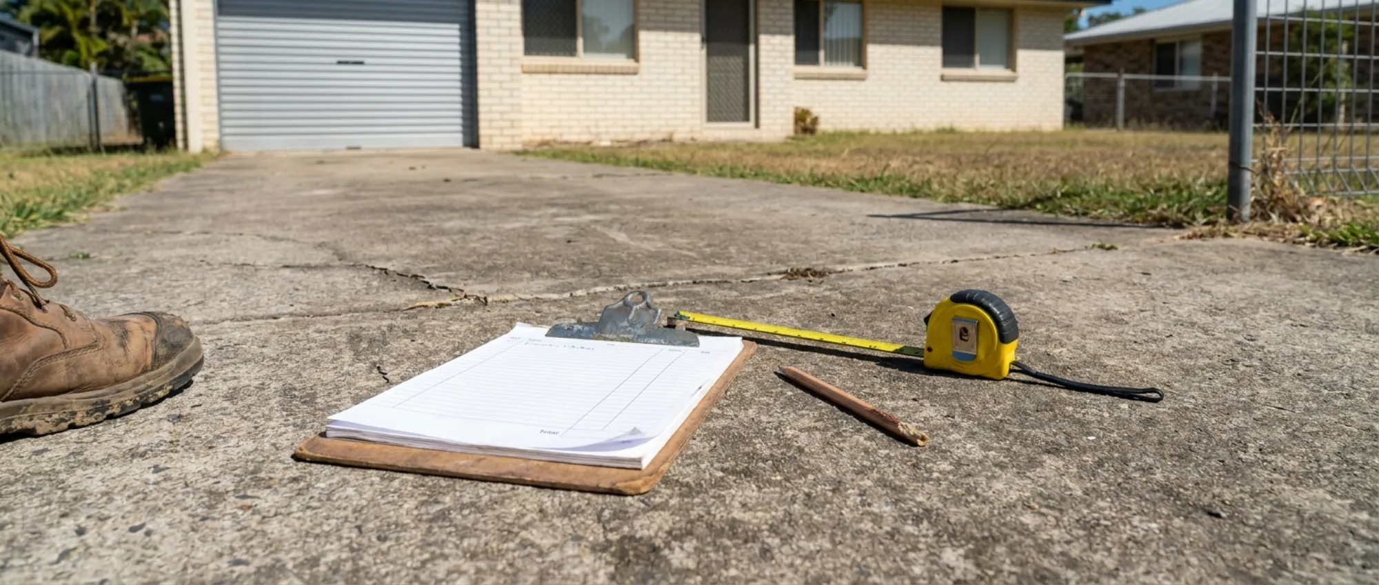 Concreter standing on a suburban Brisbane driveway with a clipboard, measuring up a slab for a resurfacing quote