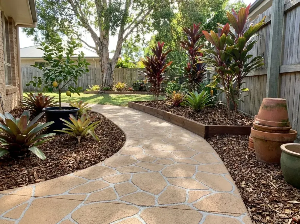 Curved tan bush rock crazy-paving concrete garden path through a suburban backyard