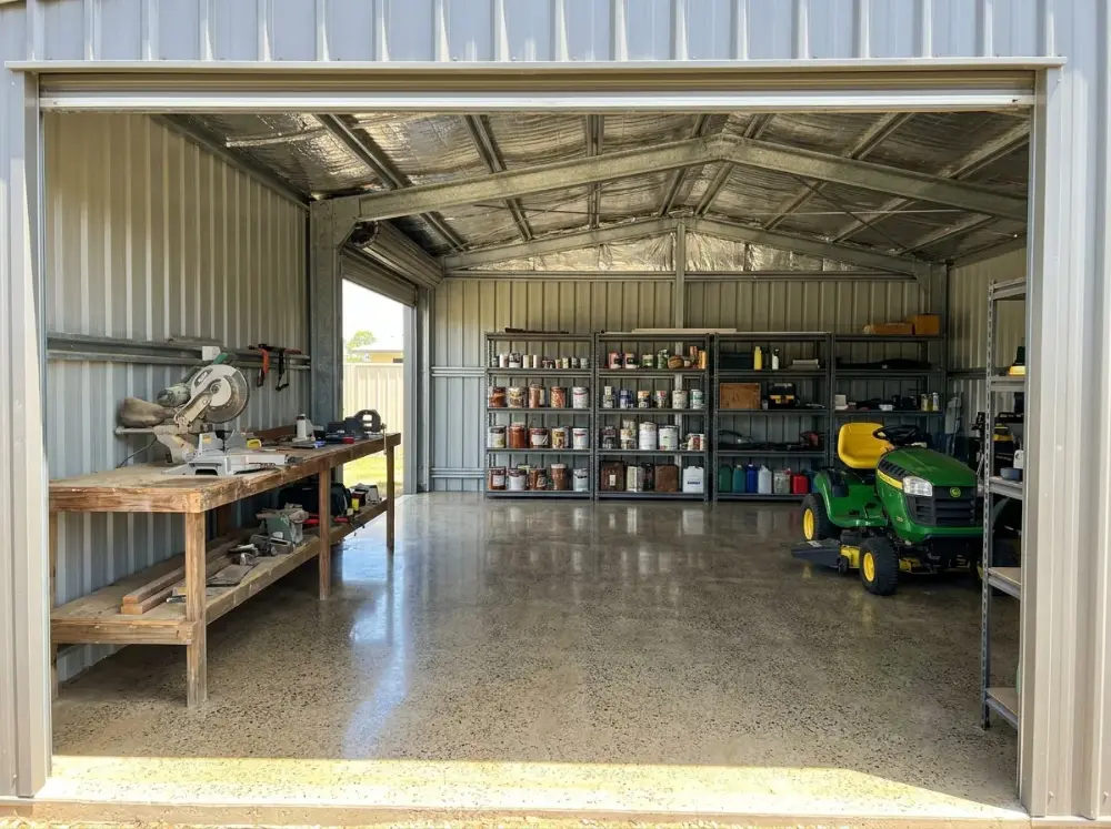 Backyard shed floor ground and polished to expose sand-grain aggregate with a soft sheen
