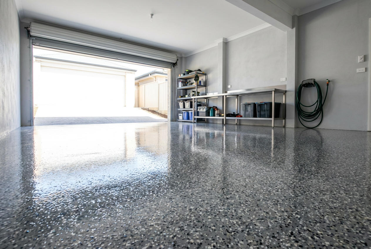 Epoxy flake garage floor coating installed in North Lakes, Brisbane